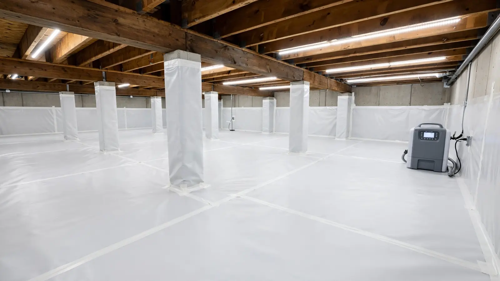 Encapsulated crawl space with white vapor barrier liner and dehumidifier in Charlotte, NC